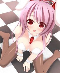 Rule 34 | 1girl, animal ears, bad id, bad pixiv id, bare shoulders, between breasts, black pantyhose, breasts, chimunge, cleavage, clothes between breasts, female focus, from above, highres, large breasts, leotard, light purple hair, long hair, looking at viewer, looking up, necktie, no shoes, open mouth, pantyhose, playboy bunny, rabbit ears, rabbit girl, red eyes, red necktie, reisen udongein inaba, sitting, smile, solo, touhou, very long hair, wariza, wrist cuffs