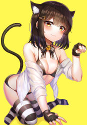 Rule 34 | 1girl, absurdres, all fours, animal ear fluff, animal ears, arched back, bare shoulders, bell, black bow, black bowtie, black bra, black gloves, black hair, black panties, bow, bowtie, bra, breasts, cat ears, cat girl, cat tail, cleavage, collarbone, extra ears, fingerless gloves, gloves, hair ornament, hairclip, hand up, highres, jingle bell, looking at viewer, medium breasts, no pants, no shoes, off shoulder, open clothes, open shirt, original, panties, paw pose, shirt, short hair, sidelocks, smile, solo, striped bow, striped bowtie, striped clothes, striped neckwear, striped thighhighs, sunhyun, tail, thighhighs, underwear, white shirt, yellow eyes
