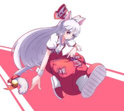 Rule 34 | 1girl, absurdres, animal ears, bell, bow, cat ears, cat tail, closed mouth, collared shirt, commentary, fujiwara no mokou, full body, hair bow, highres, long hair, looking at viewer, ofuda, ofuda on clothes, pants, red background, red eyes, red footwear, red pants, shirt, short sleeves, solo, suspenders, tail, tail bell, tail ornament, teeramet, touhou, white background, white hair, white shirt