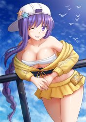 Rule 34 | 1girl, bandeau, bare shoulders, baseball cap, bb (fate), bb (fate) (all), bb (swimsuit mooncancer) (fate), bb (swimsuit mooncancer) (first ascension) (fate), bikini, bikini top only, bird, blue sky, blush, braid, breasts, cleavage, cloud, cloudy sky, collarbone, commentary, day, english commentary, fang, fate/grand order, fate (series), grin, hair between eyes, hat, highres, jacket, kazenokaze, large breasts, leaning forward, long hair, navel, off shoulder, one eye closed, outdoors, pleated skirt, purple eyes, purple hair, railing, sideways hat, single braid, skirt, sky, smile, solo, star (symbol), stomach, swimsuit, thighs, very long hair, white bikini, white hat, yellow jacket, yellow skirt