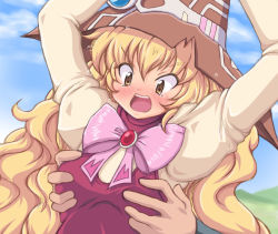 Rule 34 | 1girl, :o, arms up, beryl benito, blonde hair, blush, bow, grabbing another&#039;s breast, breasts, brown eyes, grabbing, hat, kihaiu, long hair, open mouth, pink bow, ribbon, small breasts, solo focus, surprised, tales of (series), tales of hearts, witch hat