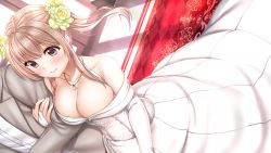 Rule 34 | 1girl, ai kiss 2, bare shoulders, blonde hair, blush, breasts, bride, brown eyes, cleavage, dress, fingerless gloves, flower, from above, game cg, giga (company), gloves, hair flower, hair ornament, happy, highres, indoors, jewelry, kirisawa saki, large breasts, long hair, looking at viewer, necklace, off-shoulder dress, off shoulder, original, ring, sakurada an, smile, solo focus, standing, strapless, strapless dress, twintails, wedding dress