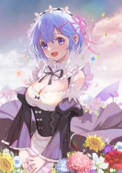 Rule 34 | 1girl, :d, bare shoulders, black dress, black ribbon, blue eyes, blue hair, blush, breasts, cleavage, commentary request, detached sleeves, dress, flower, frills, hair ornament, hair over one eye, hair ribbon, haitu, highres, juliet sleeves, large breasts, long sleeves, looking at viewer, maid, maid headdress, medium breasts, open mouth, outdoors, own hands together, petals, pink ribbon, puffy sleeves, re:zero kara hajimeru isekai seikatsu, rem (re:zero), revision, ribbon, roswaal mansion maid uniform, short hair, smile, solo, white flower, x hair ornament, yellow flower
