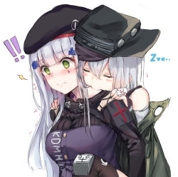 Rule 34 | !, !!, ^^^, bare shoulders, beret, black hat, black legwear, blunt bangs, blush, blush stickers, breasts, carrying, closed eyes, closed mouth, clothes writing, empty eyes, facial mark, g11 (girls&#039; frontline), girls&#039; frontline, goggles, goggles around neck, green eyes, grey hair, hair between eyes, hair ornament, hat, heart, hk416 (girls&#039; frontline), long hair, looking down, medium breasts, military, military uniform, motion lines, off shoulder, piggyback, sideways hat, simple background, sleeping, speech bubble, spoken heart, surprised, tama satou, thighhighs, uniform, upper body, white background, zzz