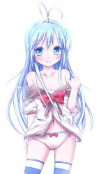 Rule 34 | 10s, 1girl, ahoge, antenna hair, bare shoulders, blue eyes, blue hair, blush, bow, bow panties, breasts, bulbonne, cleavage, clothes pull, denpa onna to seishun otoko, highres, long hair, matching hair/eyes, no pants, open clothes, open shirt, panties, school uniform, shirt, shirt pull, small breasts, smile, solo, thighhighs, touwa erio, underwear, very long hair, white panties