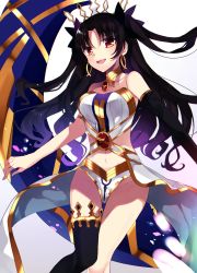 Rule 34 | 1girl, :d, armlet, asymmetrical gloves, asymmetrical legwear, bad id, bad pixiv id, bare arms, bare legs, bare shoulders, black gloves, black hair, black ribbon, black thighhighs, breasts, crown, earrings, elbow gloves, fate/grand order, fate (series), female focus, floating hair, gem, gloves, hair ribbon, hoop earrings, ishtar (fate), jewelry, knees together feet apart, legs, long hair, looking at viewer, medium breasts, midriff, mipe (r kkk12), navel, neck, neck ring, open mouth, orange eyes, revealing clothes, ribbon, round teeth, simple background, single elbow glove, single glove, single thighhigh, smile, solo, standing, strapless, teeth, thighhighs, thighlet, tohsaka rin, two side up, type-moon, uneven gloves, uneven legwear, waist cape, white background
