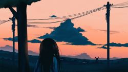 Rule 34 | 1girl, absurdres, arttsam, building, cloud, cloudy sky, evening, from behind, gradient sky, highres, long hair, looking afar, orange sky, original, outdoors, power lines, scenery, shirt, sky, solo, sunset, tree, utility pole, white shirt, windmill