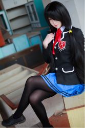 Rule 34 | 1girl, artist request, asian, black footwear, black hair, black pantyhose, blazer, blue skirt, blurry, color contacts, cosplay, crossed legs, date a live, depth of field, dutch angle, hair over one eye, jacket, loafers, long hair, looking at viewer, makeup, mascara, miniskirt, pantyhose, photo (medium), pleated skirt, red eyes, school uniform, shoes, sitting, skirt, solo, tokisaki kurumi, tokisaki kurumi (cosplay), twintails
