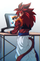 Rule 34 | 1boy, baggy pants, blue eyes, blurry, chromatic aberration, commentary request, dragon ball, dragon ball gt, drawing tablet, from behind, gogeta, holding, holding stylus, male focus, metamoran vest, monkey tail, pan (dragon ball), pants, red fur, red hair, rom (20), smile, solo, standing, stylus, super saiyan, super saiyan 4, table, tail