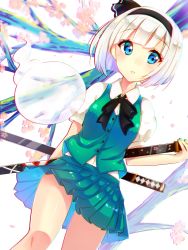 Rule 34 | 1girl, blue eyes, bob cut, breasts, cherry blossoms, collared shirt, hairband, highres, konpaku youmu, konpaku youmu (ghost), looking at viewer, perspective, petals, pleated skirt, ribbon, sheath, sheathed, shiny clothes, shirt, short sleeves, silver hair, skirt, skirt set, small breasts, solanikieru, solo, thighs, touhou, tree, white background, white shirt, wind
