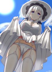 Rule 34 | 1girl, absurdres, azur lane, bad id, bad pixiv id, blue eyes, blue sky, blunt bangs, blush, breasts, bright pupils, cameltoe, cleavage, closed mouth, clothes lift, cloud, day, dress, dress lift, dutch angle, expressionless, from below, garter belt, garter straps, gluteal fold, groin, hat, highres, illustrious (azur lane), large breasts, legs apart, lens flare, lifting own clothes, long hair, looking at viewer, looking down, low twintails, nanase rin (8021582), outdoors, panties, silver hair, sky, solo, standing, sun, sun hat, sunlight, thighhighs, twintails, underwear, weibo watermark, white dress, white hat, white panties, white thighhighs