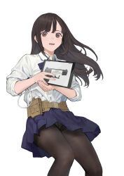 Rule 34 | 1girl, belt, belt pouch, blue skirt, brown eyes, brown hair, cancer (zjcconan), collared shirt, fang, feet out of frame, gun, highres, holding, holding tablet pc, ipad, long hair, looking at viewer, original, panties, panties under pantyhose, pantyhose, parted lips, pouch, shirt, simple background, skirt, solo, tablet pc, underwear, upskirt, utility belt, weapon, weapon request, white background, white shirt