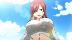 Rule 34 | 1girl, bandaged arm, bandages, bandages around chest, breasts, erza scarlet, fairy tail, highres, large breasts, long hair, looking at viewer, navel, red hair, scar, screencap, sky, smile, solo, stomach