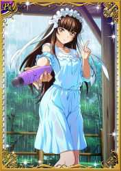 Rule 34 | 00s, 1girl, blunt bangs, breasts, brown hair, card (medium), closed umbrella, day, dress, female focus, forest, holding, holding umbrella, ikkitousen, long hair, looking at viewer, maid headdress, medium dress, nature, outdoors, rain, shiny skin, sky, small breasts, smile, solo, sparkle, standing, ten&#039;i (ikkitousen), umbrella, very long hair