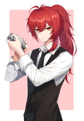 Rule 34 | 1boy, absurdres, black necktie, black vest, closed mouth, diluc (genshin impact), fingernails, genshin impact, hair between eyes, highres, holding, long hair, long sleeves, male focus, nasaniliu, necktie, ponytail, red background, red eyes, red hair, shaking, shirt, simple background, smile, vest, white background, white shirt