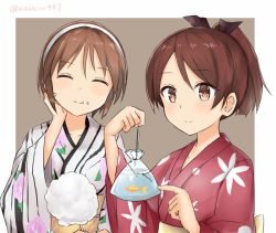 Rule 34 | 10s, 2girls, alternate costume, azuhira, blush, brown eyes, brown hair, closed eyes, closed mouth, collarbone, eating, eyebrows, fish, floral print, food, goldfish, hair ornament, hairband, hand on own cheek, hand on own face, hand up, holding, japanese clothes, kantai collection, kimono, multicolored background, multiple girls, natori (kancolle), obi, pointing, ponytail, print kimono, sash, shikinami (kancolle), short hair, smile, sweets, twitter username, two-tone background, upper body, water, wide sleeves