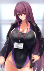Rule 34 | 1girl, black one-piece swimsuit, breasts, cleavage, collarbone, commentary request, competition swimsuit, cowboy shot, fate/grand order, fate (series), gachou, hair intakes, highres, holding, huge breasts, id card, jacket, long hair, looking at viewer, one-piece swimsuit, open clothes, open jacket, purple hair, red eyes, scathach (fate), scathach (fate), solo, swimsuit, very long hair