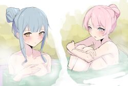 2girls absurdres bang_dream! bang_dream!_it&#039;s_mygo!!!!! blue_hair blush chihaya_anon chinese_commentary closed_mouth collarbone commentary_request embarrassed fish_dumplings grey_eyes hair_bun highres hugging_own_legs long_hair multiple_girls onsen partial_commentary partially_submerged pink_hair short_hair sidelocks single_hair_bun sitting sweat togawa_sakiko yellow_eyes