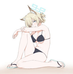 Rule 34 | 1girl, alternate costume, alternate hairstyle, animal ear fluff, bare arms, bare legs, bare shoulders, bikini, black bikini, blonde hair, blue archive, blush, breast press, breasts, cleavage, folded ponytail, full body, grey eyes, hair over one eye, halo, head tilt, highres, kanna (blue archive), knee up, looking at viewer, medium breasts, navel, notched ear, ochiaki, paid reward available, sandals, short hair, simple background, sitting, small breasts, solo, string bikini, swimsuit, toes, underboob, white background