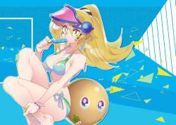 Rule 34 | 1girl, bare shoulders, blonde hair, blush, breasts, cleavage, commentary request, dark magician girl, duel monster, eating, green eyes, hat, jewelry, large breasts, long hair, looking at viewer, misaka (missa), nail polish, necklace, solo, swimsuit, wizard hat, yu-gi-oh!, yu-gi-oh! duel monsters