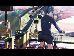 Rule 34 | 1girl, basket, bicycle, blue hair, blue jacket, blue skirt, cherry blossoms, eto, floating hair, from behind, hatsune miku, headphones, jacket, letterboxed, long hair, long sleeves, looking away, looking to the side, miniskirt, moss, outdoors, petals, profile, railroad crossing, railroad tracks, riding, road, skirt, solo, street, sunlight, tears, tree, tree shade, twintails, uniform, vocaloid, wall, wind