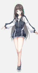 Rule 34 | 1girl, airi (blue archive), black footwear, black hair, blue archive, blush, collarbone, full body, green eyes, green halo, grey background, halo, inoue takuya (tactactak), jacket, long hair, long sleeves, looking at viewer, open mouth, shoes, simple background, solo, track jacket