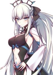 Rule 34 | 1girl, black bow, black dress, blue eyes, bow, braid, breasts, center opening, cleavage, dress, elfenlied22, fate/grand order, fate (series), french braid, grey hair, hair bow, large breasts, long hair, long sleeves, looking at viewer, medium breasts, morgan le fay (fate), pelvic curtain, ponytail, sidelocks, smile, solo, thighs, two-tone dress, very long hair, white dress, wide sleeves