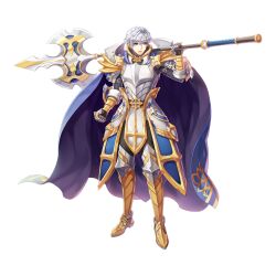 Rule 34 | 1boy, armor, armored boots, blue cape, blue eyes, boots, breastplate, cape, clenched hand, cross of prontera, faulds, full body, gauntlets, grey hair, hair between eyes, highres, holding, holding polearm, holding weapon, leona (pixiv), looking afar, looking to the side, male focus, medium bangs, official alternate costume, official art, open mouth, over shoulder, pauldrons, polearm, ragnarok online, royal guard (ragnarok online), short hair, shoulder armor, simple background, solo, spear, standing, tachi-e, transparent background, weapon, weapon over shoulder