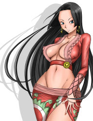 Rule 34 | 1girl, amazon warrior, black hair, blue eyes, boa hancock, breasts, breasts apart, center opening, cleavage, earrings, female focus, groin, jagi (nexboy), jewelry, long hair, long sleeves, looking at viewer, midriff, nail polish, navel, one piece, sarong, shadow, side slit, simple background, smile, snake earrings, solo, very long hair, white background