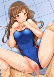 Rule 34 | 10s, 1girl, ankle grab, bare shoulders, blush, breasts, brown eyes, brown hair, censored, cleavage, clothed sex, clothing aside, competition swimsuit, covered erect nipples, covered navel, hetero, highleg, highleg swimsuit, idolmaster, idolmaster cinderella girls, kasumi seiki, large breasts, leg grab, long hair, looking at viewer, lying, naughty face, nitta minami, on back, one-piece swimsuit, open mouth, penis, pussy, sex, smile, solo focus, spread legs, sweat, swimsuit, swimsuit aside, vaginal