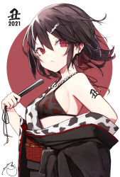 Rule 34 | 1girl, 2021, bare shoulders, black hair, black kimono, closed mouth, commentary request, ear piercing, earrings, folded fan, folding fan, hair between eyes, hair ornament, hairclip, hand fan, hand up, highres, holding, holding fan, japanese clothes, jewelry, kimono, mayogii, obi, off shoulder, original, piercing, red background, red eyes, sash, signature, solo, two-tone background, upper body, white background