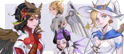 Rule 34 | absurdres, black hair, blonde hair, devil mercy, halo, hat, highres, mechanical halo, mercy (overwatch), multiple persona, overwatch, overwatch 2, smile, wings, witch, witch hat, witch mercy, yellow wings, yshua