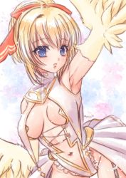 Rule 34 | 1girl, absurdres, bare shoulders, blonde hair, blue eyes, blumairwen, breasts, center opening, commentary, english commentary, feathered wings, feathers, garter straps, hair between eyes, hair ribbon, harpy, highres, indie virtual youtuber, leotard, mavia (vtuber), medium breasts, monster girl, navel, ribbon, skirt, sleeveless, solo, virtual youtuber, white leotard, white skirt, winged arms, wings, yellow feathers, yellow wings