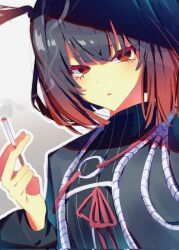 Rule 34 | 1girl, black coat, black dress, black hair, blush, cigarette, coat, dress, e.g.o (project moon), gradient hair, hand up, highres, holding, holding cigarette, limbus company, long sleeves, looking at viewer, mamono03, multicolored hair, parted lips, project moon, red eyes, red hair, red ribbon, ribbon, ryoshu (project moon), short hair, smoke, solo, upper body