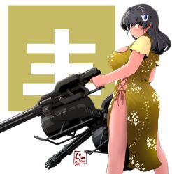 Rule 34 | 1girl, alternate costume, alternate hairstyle, armored core, artist logo, black hair, breasts, from behind, gold dress, gun, hair ornament, hairclip, jingei (kancolle), jini ya1, kantai collection, large breasts, long hair, looking at viewer, plum, red eyes, side slit, solo, standing, submachine gun, weapon