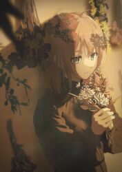 1girl absurdres against_wall ahoge black_sweater bouquet dried_flower flower green_eyes hair_flower hair_ornament highres holding holding_bouquet long_sleeves medium_hair original pink_hair shadow shibaarata_(bat4763) solo sweater turtleneck turtleneck_sweater upper_body