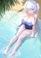 Rule 34 | 1girl, absurdres, alternate skin color, azur lane, beach, blue eyes, blue hair, blue one-piece swimsuit, blush, breasts, cleavage, collarbone, eyes visible through hair, hair over one eye, highres, large breasts, long hair, looking at viewer, multicolored hair, one-piece swimsuit, pale skin, palm leaf, qian hen, sitting, skindentation, solo, streaked hair, swimsuit, tb (azur lane), tb (type-s) (azur lane), thighhighs, wakamezake, water, wet, white hair, white thighhighs