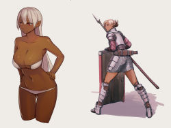 Rule 34 | 2girls, armor, armored boots, boots, bra, breastplate, breasts, chainmail, character request, copyright request, dark skin, dark-skinned female, hair up, hands on own hips, highres, hip armor, large breasts, long hair, multiple girls, navel, panties, polearm, purple eyes, red eyes, shield, shoulder armor, simple background, spear, strapless, strapless bra, sword, underwear, underwear only, very long hair, virgosdf, weapon, white bra, white hair, white panties