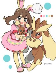 Rule 34 | 1girl, :d, animal ears, artist name, black sclera, brown eyes, brown fur, brown hair, buneary, colored sclera, commentary request, creatures (company), dot nose, dress, game freak, gen 4 pokemon, grey eyes, highres, holding, holding pokemon, kokashiho, lopunny, may (pokemon), may (spring 2021) (pokemon), medium hair, nintendo, official alternate costume, open mouth, pantyhose, pink dress, pink footwear, pokemon, pokemon (creature), pokemon masters ex, rabbit, rabbit ears, shoes, smile, solid oval eyes, white background, yellow pantyhose