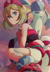 Rule 34 | 1girl, anklet, blonde hair, blue eyes, closed mouth, collar, collarbone, commentary, creatures (company), eyelashes, from below, game freak, gen 4 pokemon, glaceon, hair between eyes, hairband, highres, irida (pokemon), jewelry, looking to the side, nintendo, ntakehisa, outdoors, pokemon, pokemon (creature), pokemon legends: arceus, red footwear, red hairband, sash, shirt, shoes, short hair, shorts, twilight, waist cape, white shorts