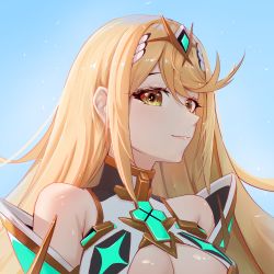 Rule 34 | 1girl, absurdres, auxar, bare shoulders, blonde hair, blue sky, breasts, chest jewel, circlet, cleavage cutout, close-up, closed mouth, clothing cutout, dress, highres, long hair, looking at viewer, mythra (xenoblade), outdoors, sky, smile, solo, swept bangs, white dress, xenoblade chronicles (series), xenoblade chronicles 2, yellow eyes