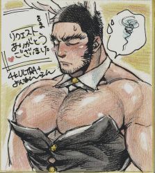 Rule 34 | 1boy, alternate costume, animal ears, bara, bare pectorals, beard, blush, bow, bowtie, buzz cut, chest hair, crossdressing, embarrassed, facial hair, golden kamuy, kemonomimi mode, large areolae, large pectorals, leotard, long sideburns, male focus, male playboy bunny, mature male, muscular, muscular male, nipples, nose blush, pectorals, protected link, puffy chest, rabbit ears, shikishi, short hair, sideburns, siwan yuan (4oooomanyen), solo, strapless, strapless leotard, sweatdrop, tanigaki genjirou, thick eyebrows, thought bubble, translation request, upper body, very short hair