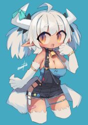 Rule 34 | 1girl, :3, ahoge, animal hands, animal legs, bandaid, bandaid on leg, bell, black choker, black overalls, blue background, blue ribbon, blue tank top, blush, breasts, brown eyes, choker, cleavage, commentary request, cowbell, cropped legs, fang, highres, horn ornament, horn ribbon, horns, large breasts, looking at viewer, nanatsuta, neck bell, open mouth, original, overalls, pointy ears, ribbon, short hair, simple background, solo, tank top, twintails, white hair