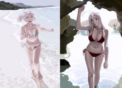 Rule 34 | 1girl, absurdres, antenna hair, arm up, barefoot, beach, bikini, breasts, cave, day, footprints, green eyes, grey hair, highres, kantai collection, kinugasa (kancolle), large breasts, long hair, looking at viewer, multicolored bikini, multicolored clothes, multiple views, ojipon, open mouth, outdoors, parted lips, ponytail, red bikini, sand, side-tie bikini bottom, swimsuit, teeth, upper teeth only, water