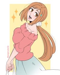 Rule 34 | 1girl, bag, bare shoulders, bleach, breasts, brown eyes, carrying, collarbone, dangerousbride, female focus, floating hair, from side, hair ornament, hairpin, happy, highres, holding, holding bag, inoue orihime, large breasts, long hair, long skirt, looking back, looking up, open mouth, orange hair, ponytail, shirt, short sleeves, skirt, smile, solo, sparkle, standing, teeth, tongue, yellow background
