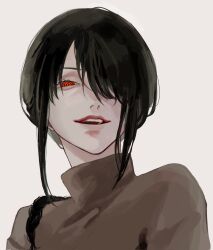 Rule 34 | 1girl, black hair, braid, braided ponytail, chainsaw man, grey sweater, hair over one eye, highres, juzoh13, looking at viewer, medium hair, nayuta (chainsaw man), open mouth, red eyes, ringed eyes, sidelocks, simple background, smile, solo, sweater, white background