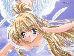 Rule 34 | 00s, 1girl, air (visual novel), angel, angel wings, blonde hair, blue eyes, breasts, collarbone, feathers, flying, from below, green eyes, kamio misuzu, long hair, looking at viewer, nipples, nude, outstretched arms, ponytail, small breasts, solo, very long hair, watsuki ayamo, wings