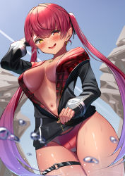 Rule 34 | 1girl, bikini, bikini bottom only, bikini tan, black jacket, black ribbon, blush, breasts, commentary request, cowboy shot, dutch angle, earrings, gradient hair, hair between eyes, hair ribbon, heart, heart earrings, heart necklace, heterochromia, highres, hololive, houshou marine, houshou marine (summer), jacket, jewelry, large breasts, long hair, long sleeves, looking at viewer, multicolored hair, navel, necklace, no bra, nyaa28, o-ring, o-ring thigh strap, official alternate costume, open clothes, open jacket, open mouth, purple hair, red bikini, red eyes, red hair, ribbon, smile, solo, swimsuit, tan, tanline, thigh strap, twintails, unzipping, very long hair, virtual youtuber, wet, yellow eyes