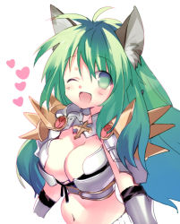 Rule 34 | 1girl, ;d, animal ears, armor, arutopian, blush, breasts, cleavage, commentary request, gloves, green eyes, green hair, hair between eyes, heart, large breasts, long hair, looking at viewer, one eye closed, open mouth, pauldrons, ragnarok online, rune knight (ragnarok online), shoulder armor, simple background, smile, solo, spiked pauldrons, upper body, white background