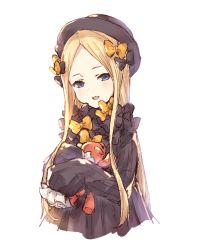 Rule 34 | 1girl, :d, abigail williams (fate), black bow, black dress, black hat, blonde hair, blue eyes, bow, dress, fate/grand order, fate (series), frilled sleeves, frills, hair bow, hat, holding, holding stuffed toy, long hair, long sleeves, looking at viewer, mirei kh13, open mouth, orange bow, parted bangs, simple background, sleeves past fingers, sleeves past wrists, smile, solo, straight hair, stuffed animal, stuffed toy, teddy bear, upper body, very long hair, white background